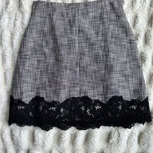 Rebecca Taylor Gray Tweed Mini Skirt with Black Lace Hem